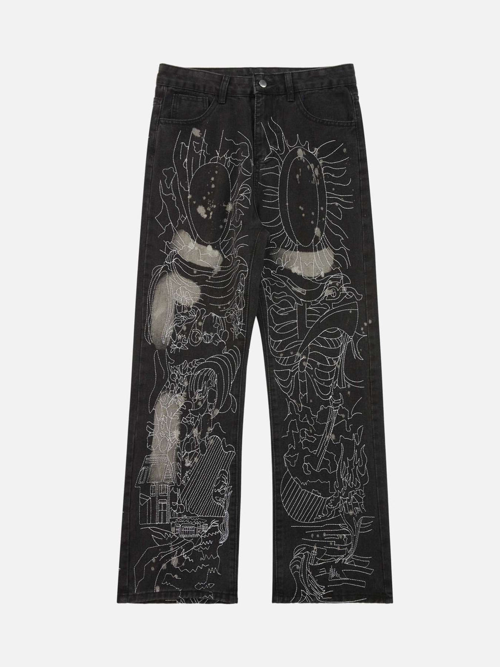 Black Distressed Denim Jeans with Elastic Waist – Straight-Leg Streetwear for Fall and Winter